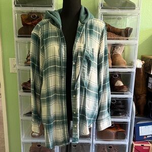 American Eagle Outfitters Green Plaid Flannel with Hood | Sz Large